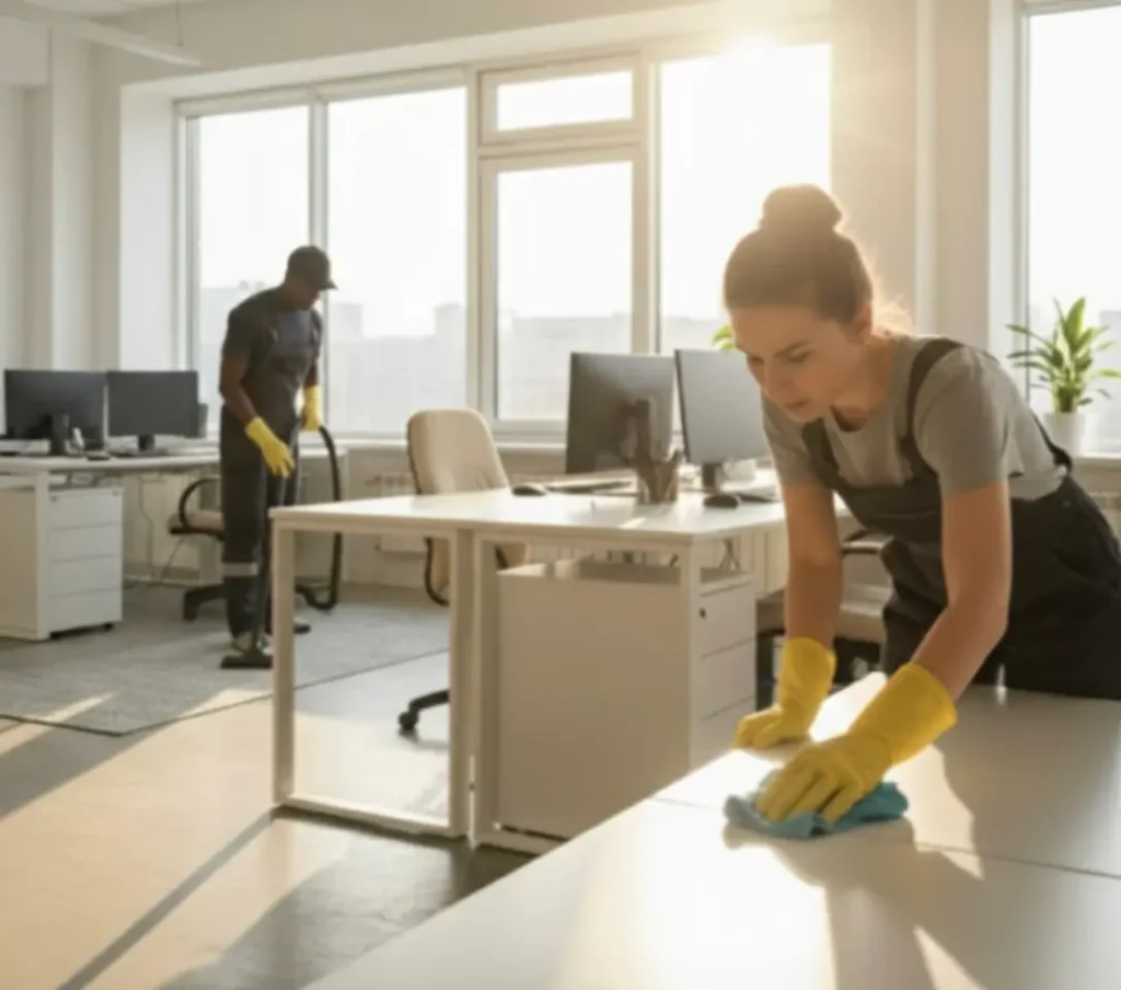 Zwei Personen reinigen ein sonnendurchflutetes Büro und tragen dabei gelbe Handschuhe. Eine Person wischt einen Schreibtisch ab, während die andere den Boden saugt. Ein moderner Arbeitsplatz mit Computern und hellen Fenstern.