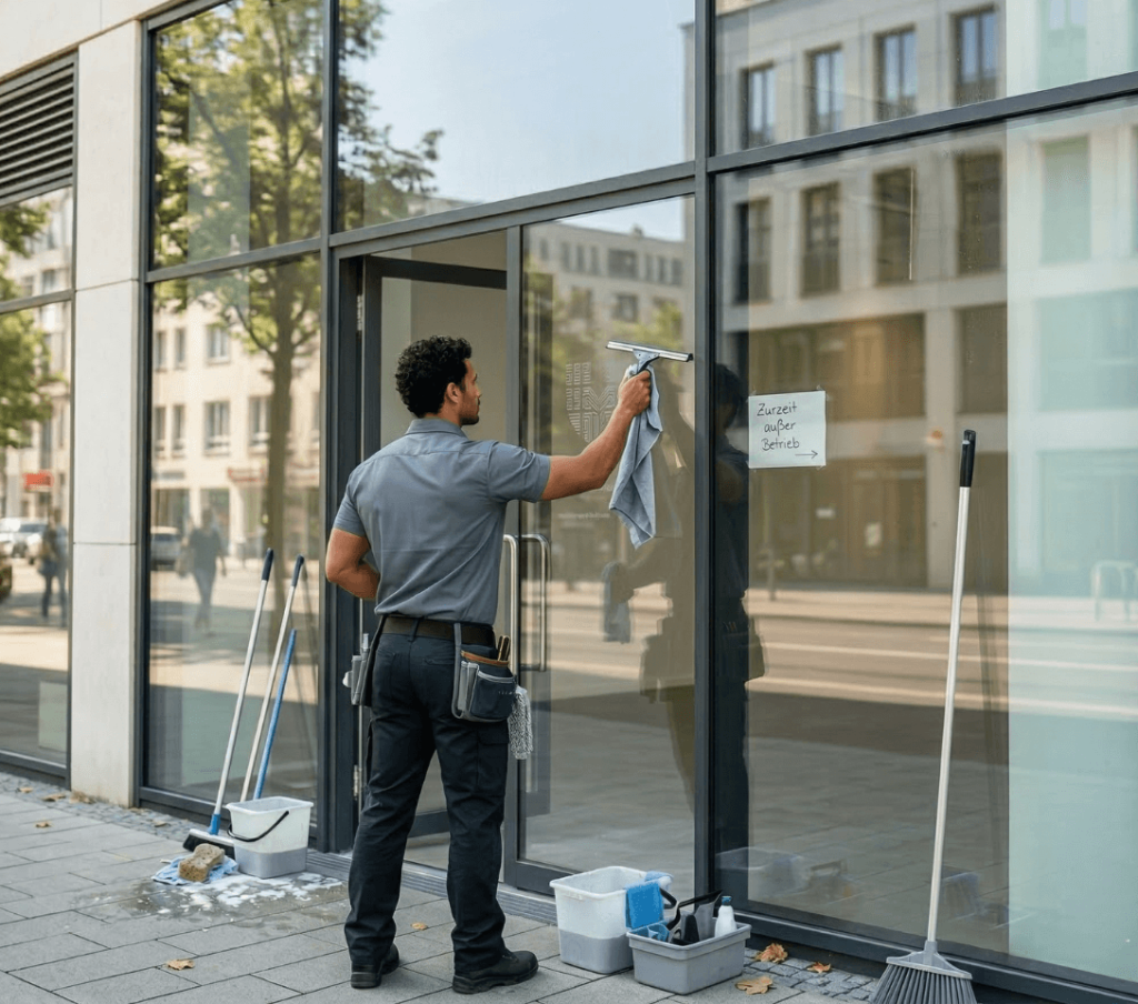 Ein Fensterputzer bei der Arbeit an einem modernen Gebäude: Mit Abzieher und Tuch reinigt er eine große Glasfront. Die sichtbaren Arbeitsutensilien und ein Hinweisschild unterstreichen die professionelle und fokussierte Arbeitsstimmung.